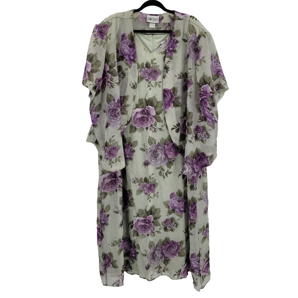 Vtg 80s Modest Cottage Core Sheer Crinkle‎ 2pc Dress Set Plus Sz 32W Maxi Floral